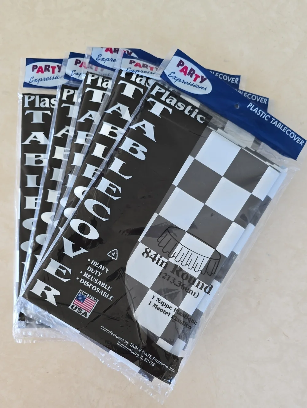 NWT Set Of 5 Black and White Checked Disposable Plastic Tablecovers